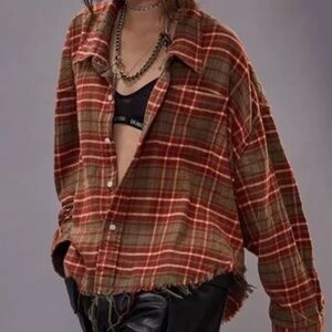 R13 NWOT Frayed checked cotton-flannel shirt